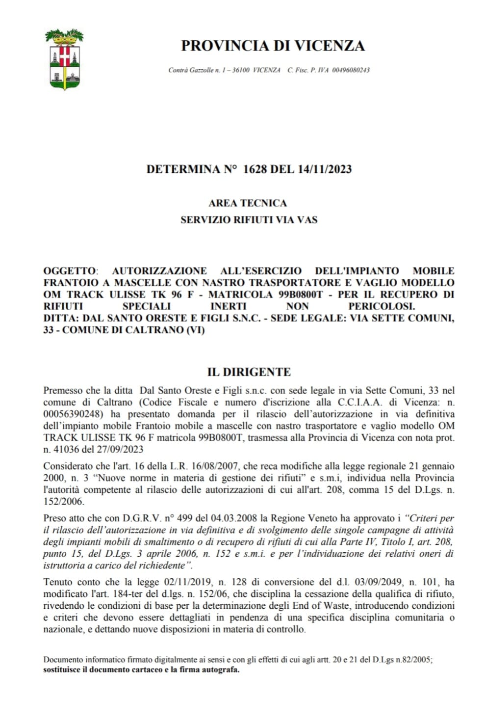 AUTORIZZAZIONE AL RICICLAGGIO CON FRANTOIO MOBILE